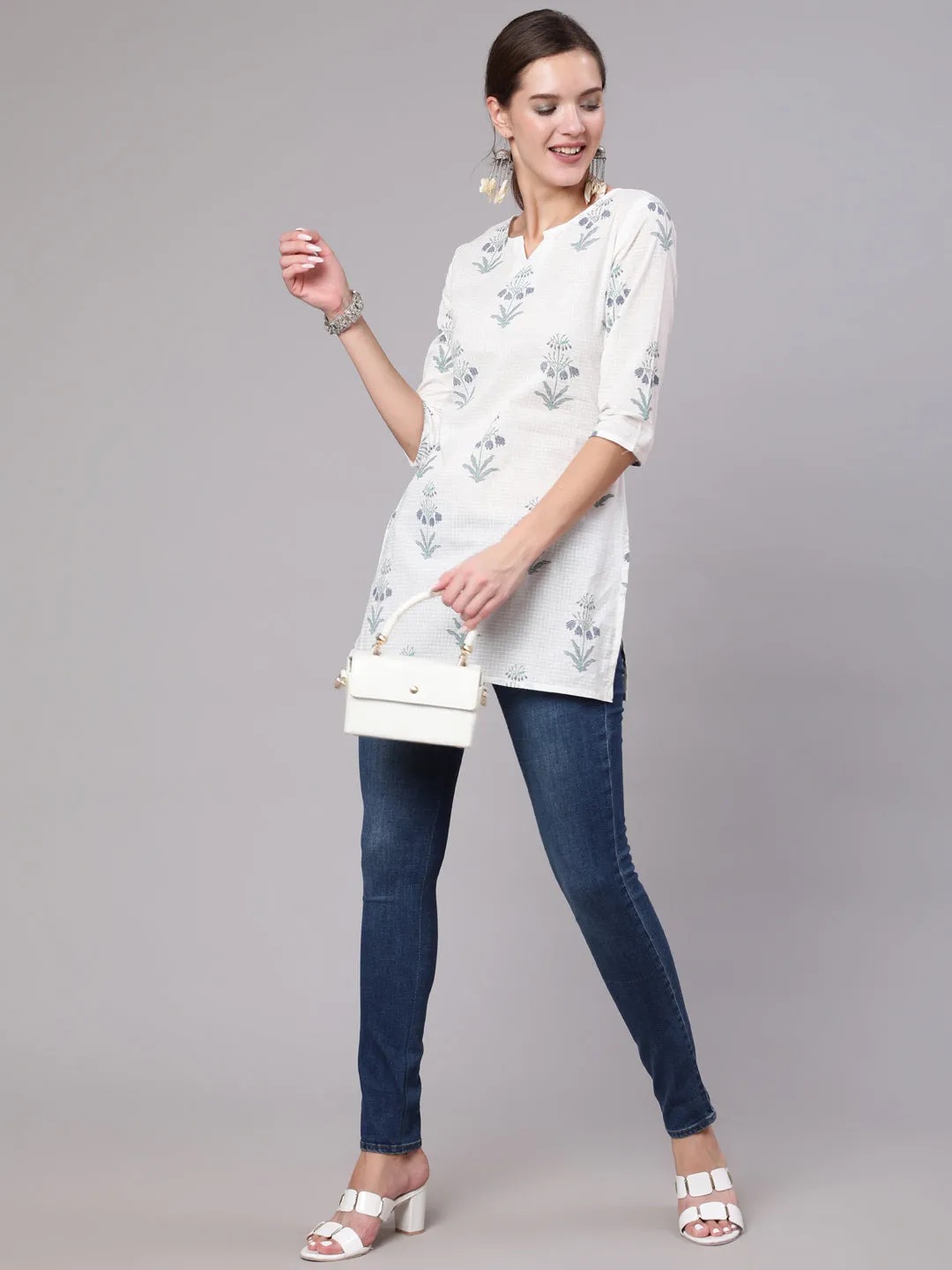 Women White Printed Straight Tunic With Three Quarter Sleeves