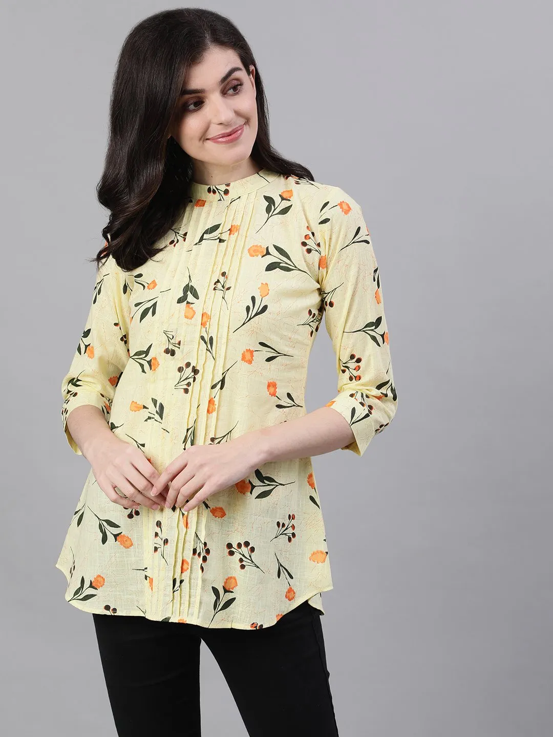 Women Yellow Floral Print Pin-Tuck Tunic