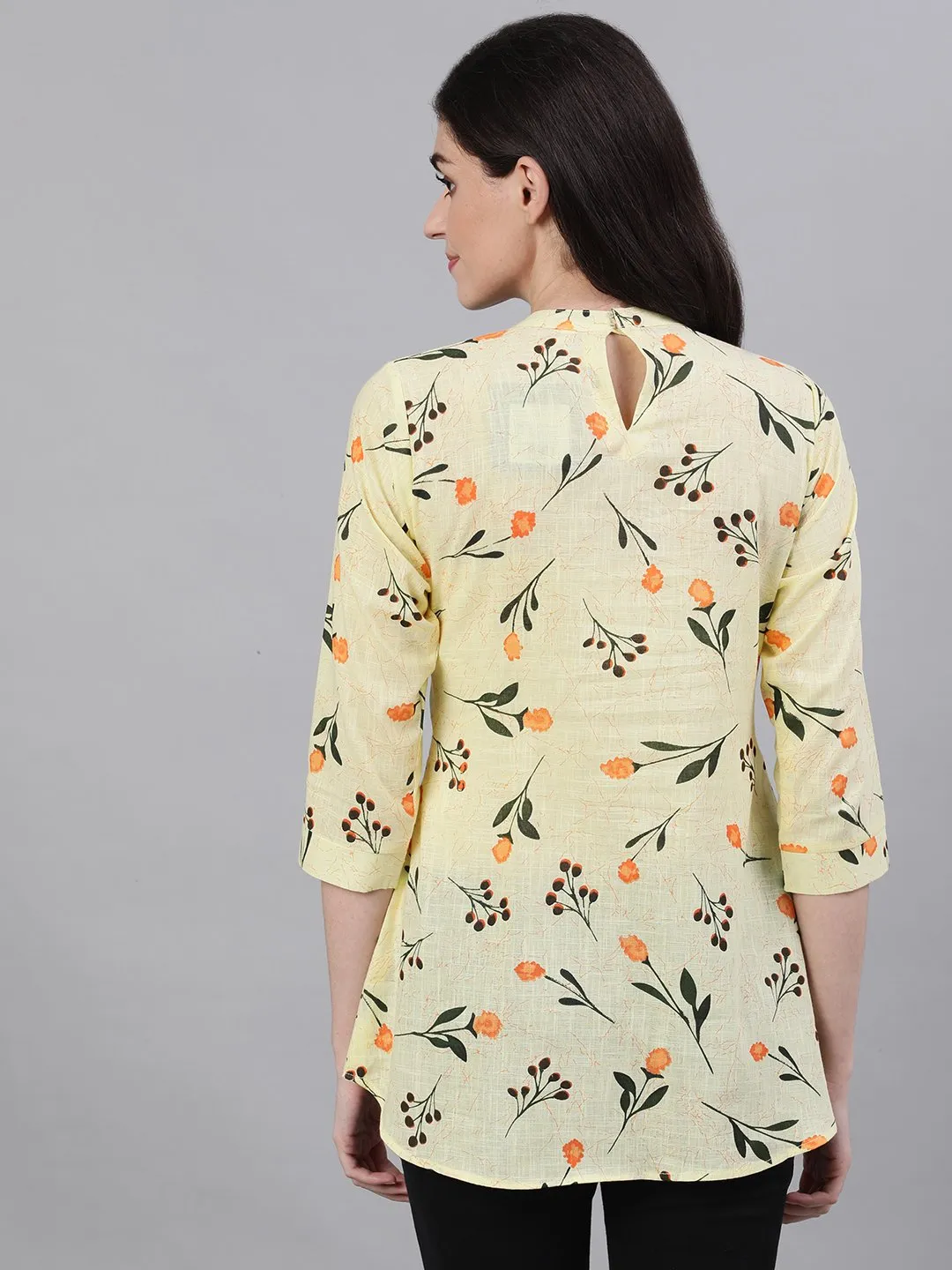 Women Yellow Floral Print Pin-Tuck Tunic