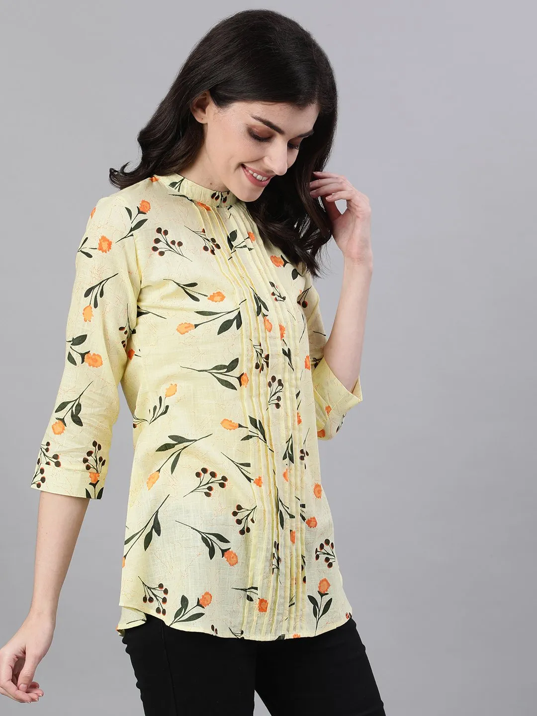 Women Yellow Floral Print Pin-Tuck Tunic