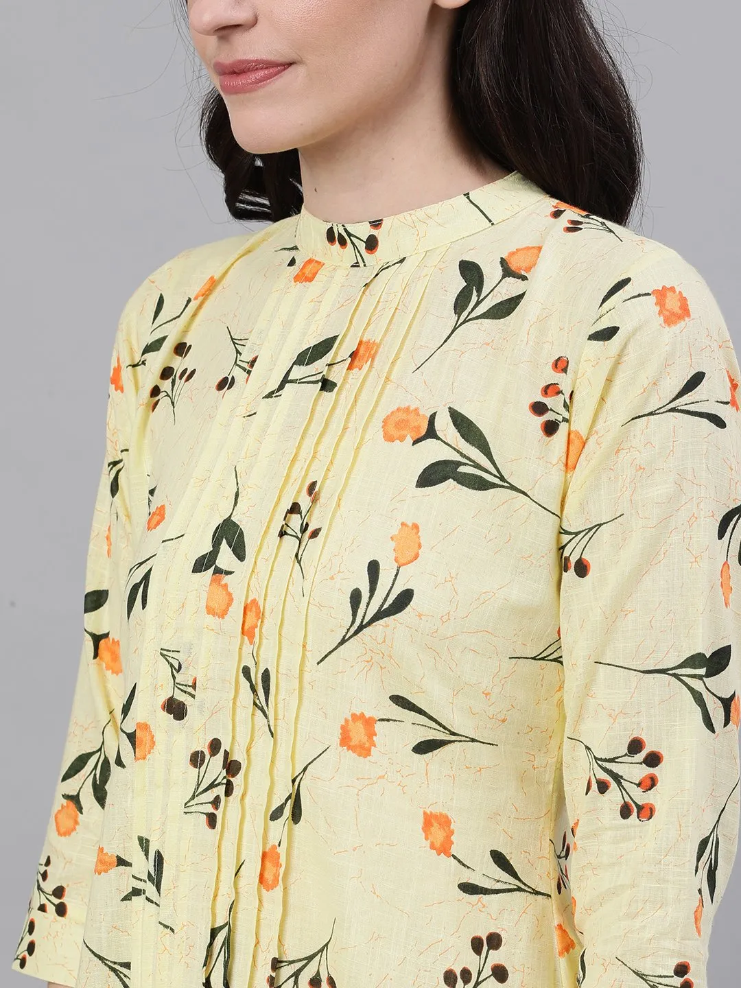 Women Yellow Floral Print Pin-Tuck Tunic