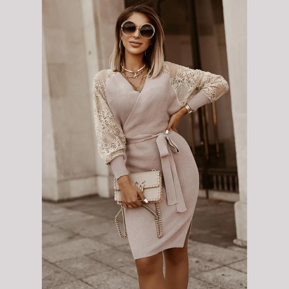 Women's Elegant V Neck Wrap Knit Dresses Batwing Sleeve Backless Slit