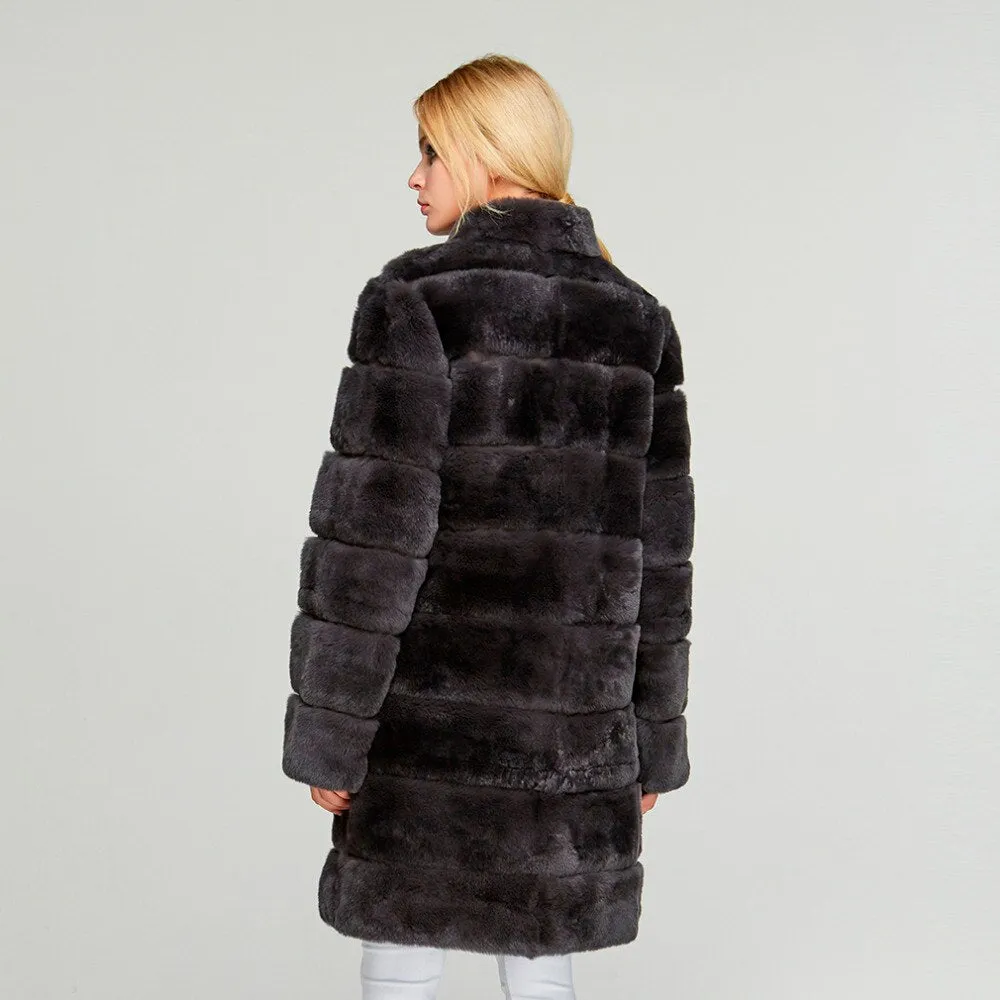 Women's Genuine Rabbit Fur Coat  Stand-up Collar Winter Overcoat Detachable 18136