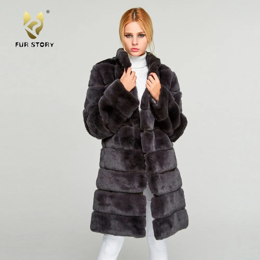 Women's Genuine Rabbit Fur Coat  Stand-up Collar Winter Overcoat Detachable 18136