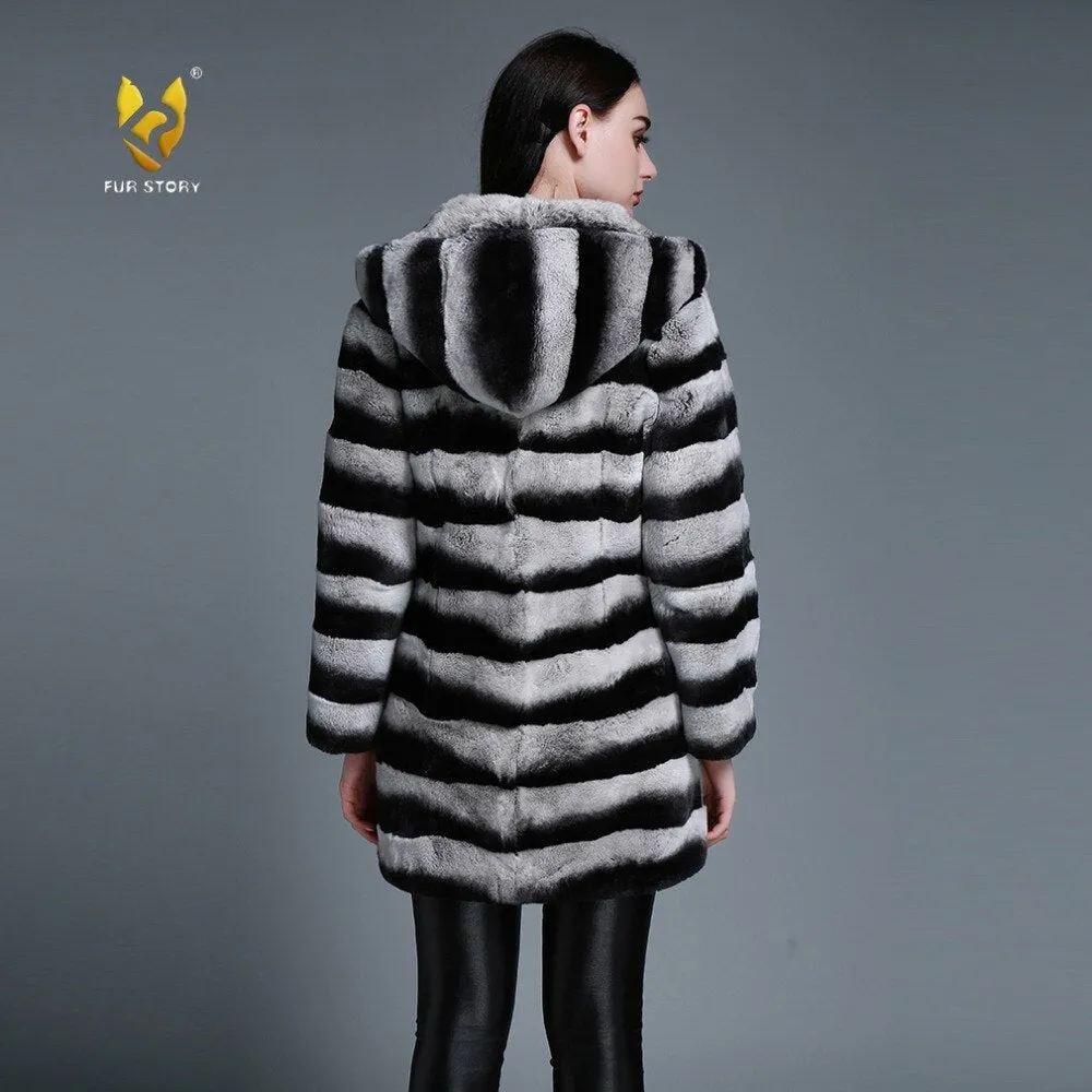 Women's Genuine Rabbit Fur Coat  with Fur Hood Winter Female Overcoat 15190