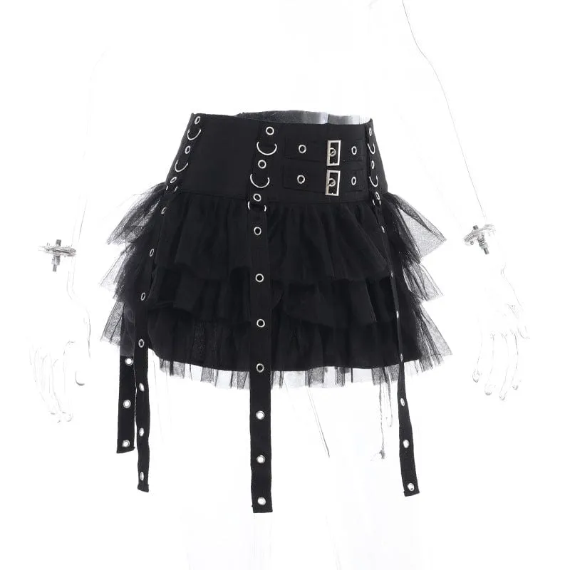 Women's Gothic Strap Splice Mesh Layered Skirt