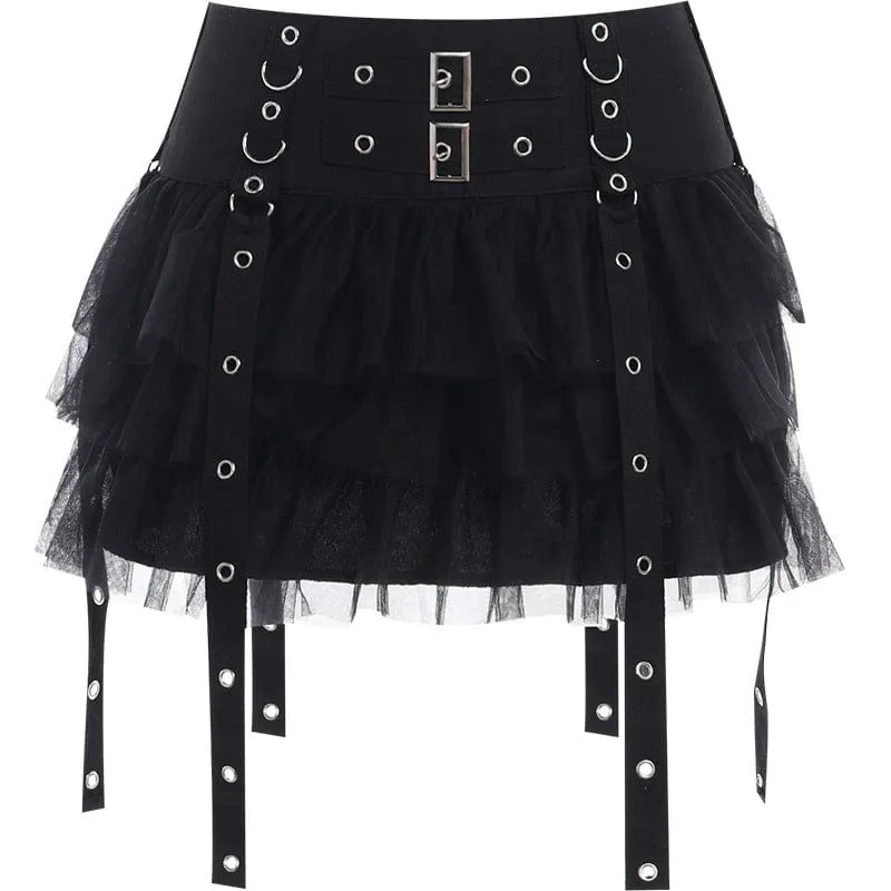 Women's Gothic Strap Splice Mesh Layered Skirt