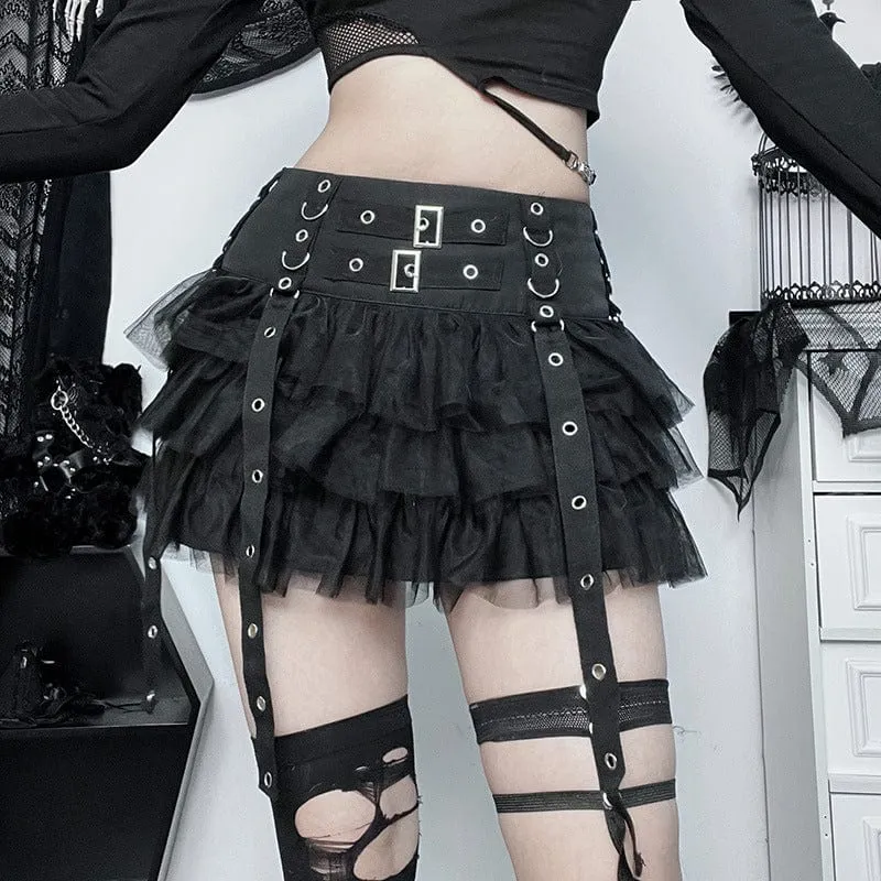 Women's Gothic Strap Splice Mesh Layered Skirt