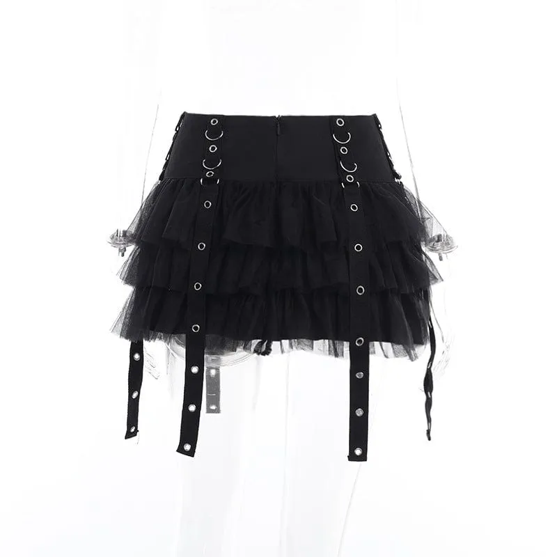 Women's Gothic Strap Splice Mesh Layered Skirt