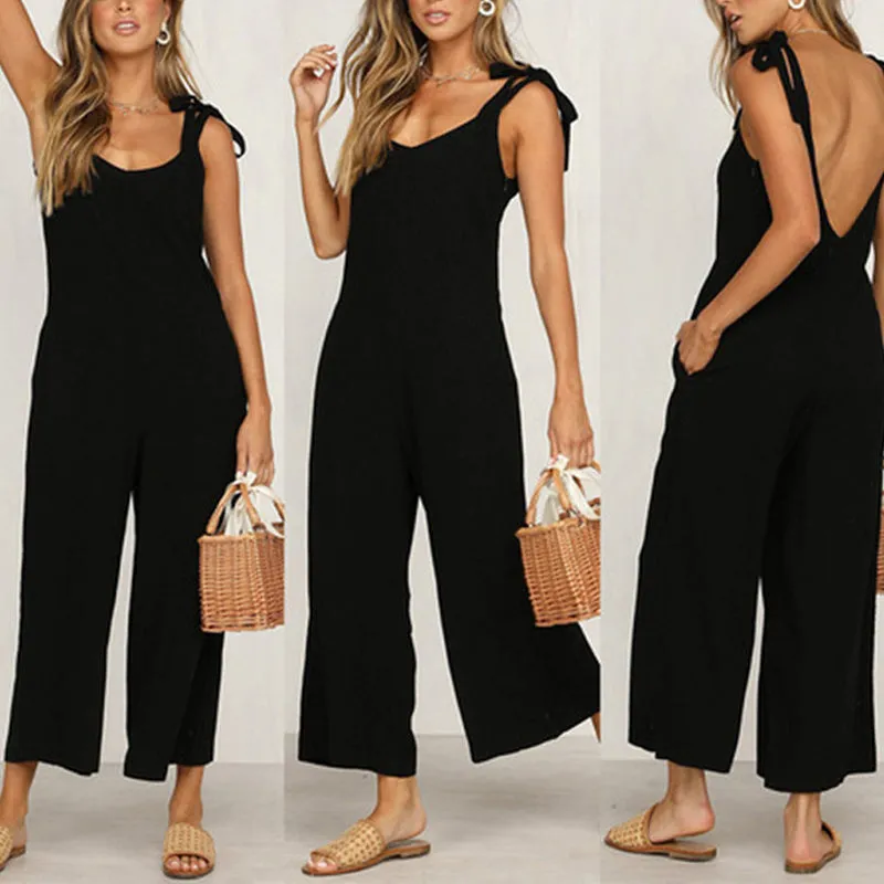 Women's One-Piece Cropped Pants Bow Suspender Jumpsuit