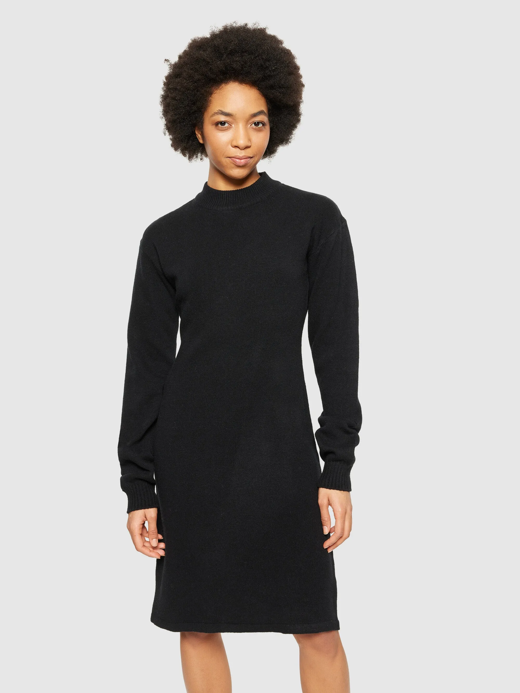 Wool crew neck mid length dress - Black Jet