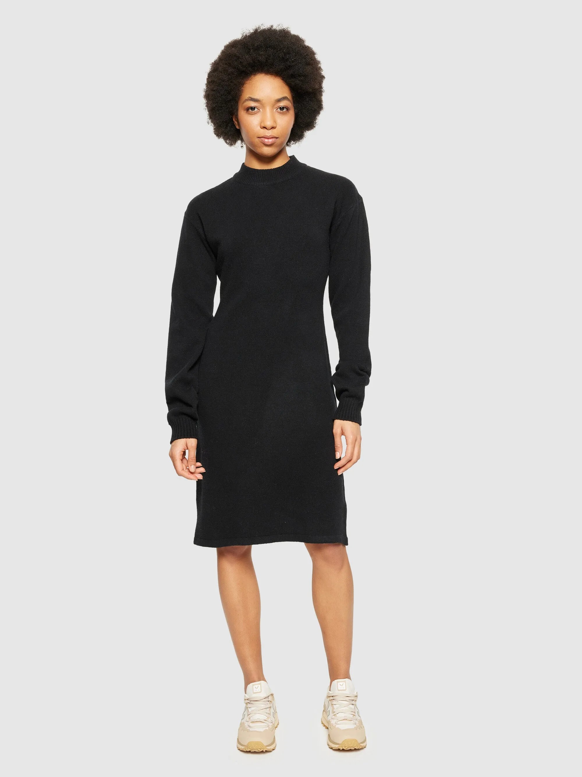 Wool crew neck mid length dress - Black Jet