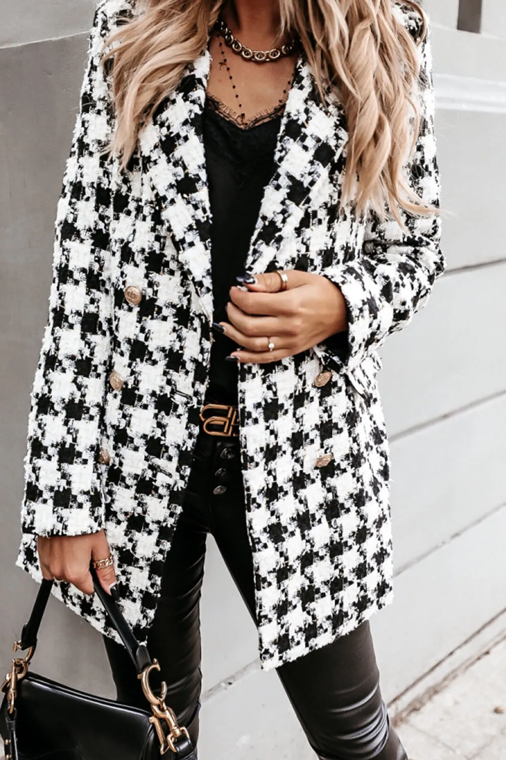 Woolen Print Lapel Mid-Length Coat