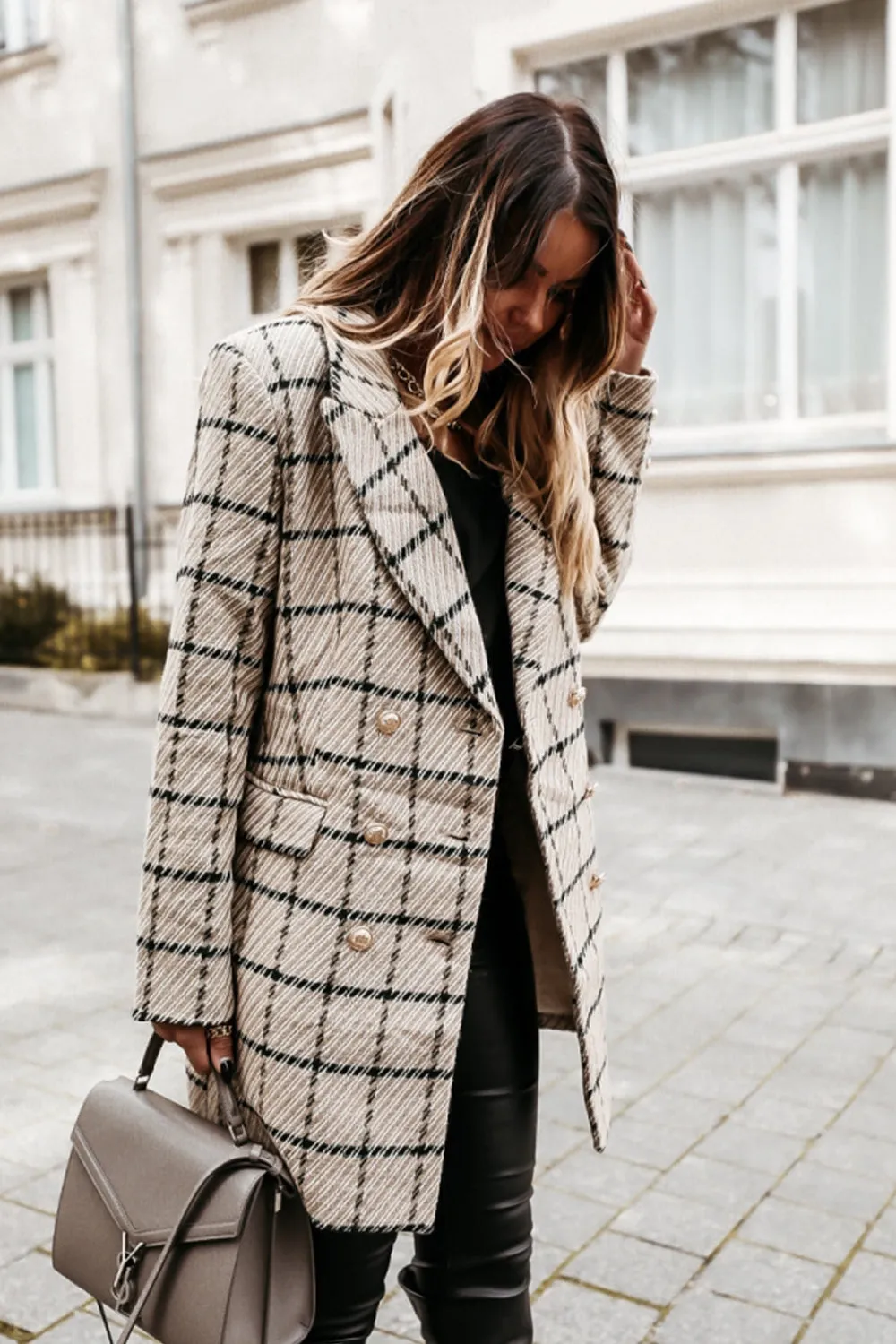 Woolen Print Lapel Mid-Length Coat