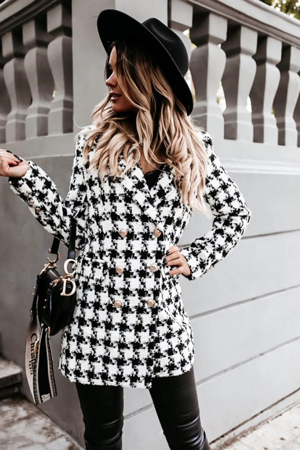 Woolen Print Lapel Mid-Length Coat