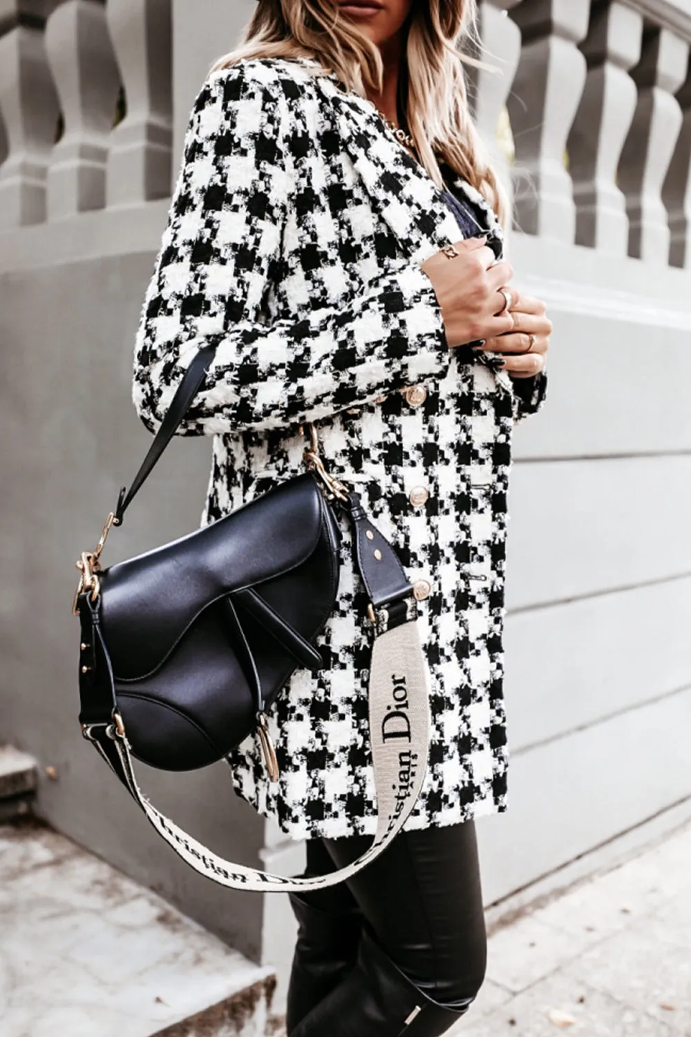 Woolen Print Lapel Mid-Length Coat