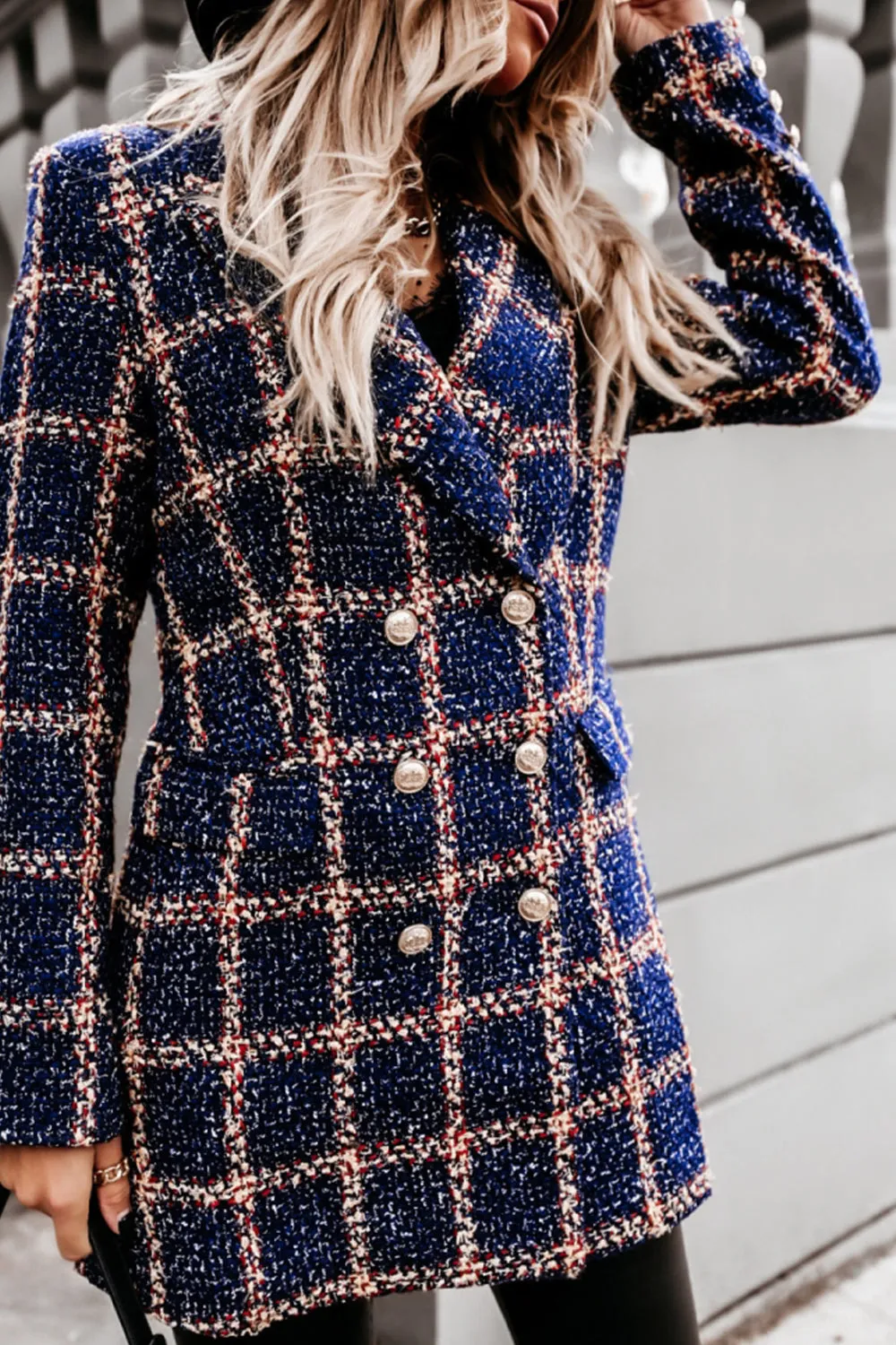 Woolen Print Lapel Mid-Length Coat