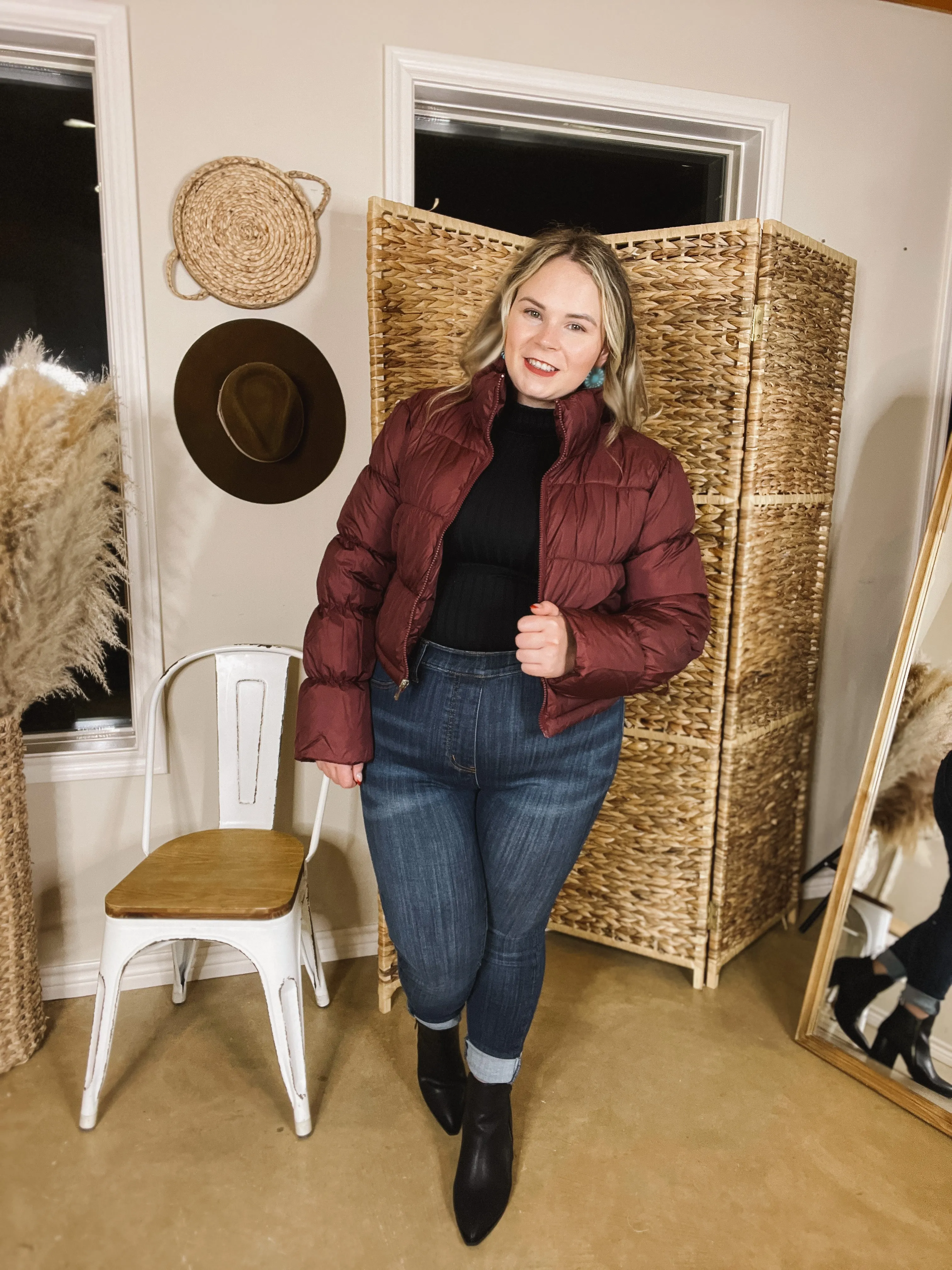 Wrapped In Cozy Cropped Puffer Jacket in Maroon