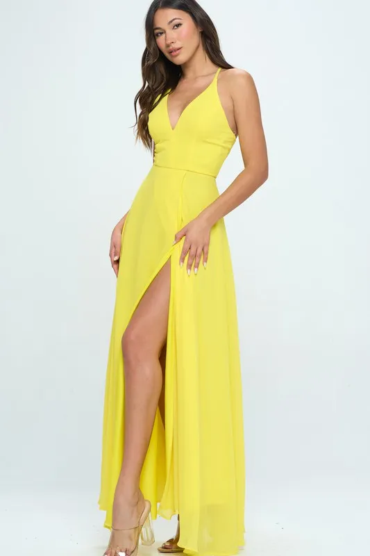 Yellow A Line V-Neck Chiffon Long Bridesmaid Dress