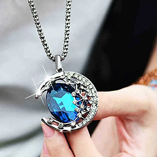 Yellow Chimes Latest Collection Crescent MoonLigth Half Moon Royal Blue Crystal Star Retro Long Chain Pendant Necklace for Women and Girls