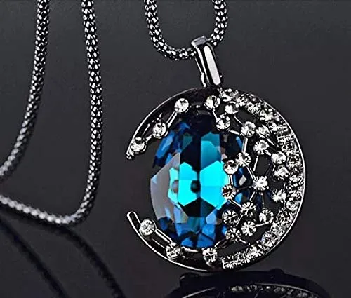 Yellow Chimes Latest Collection Crescent MoonLigth Half Moon Royal Blue Crystal Star Retro Long Chain Pendant Necklace for Women and Girls