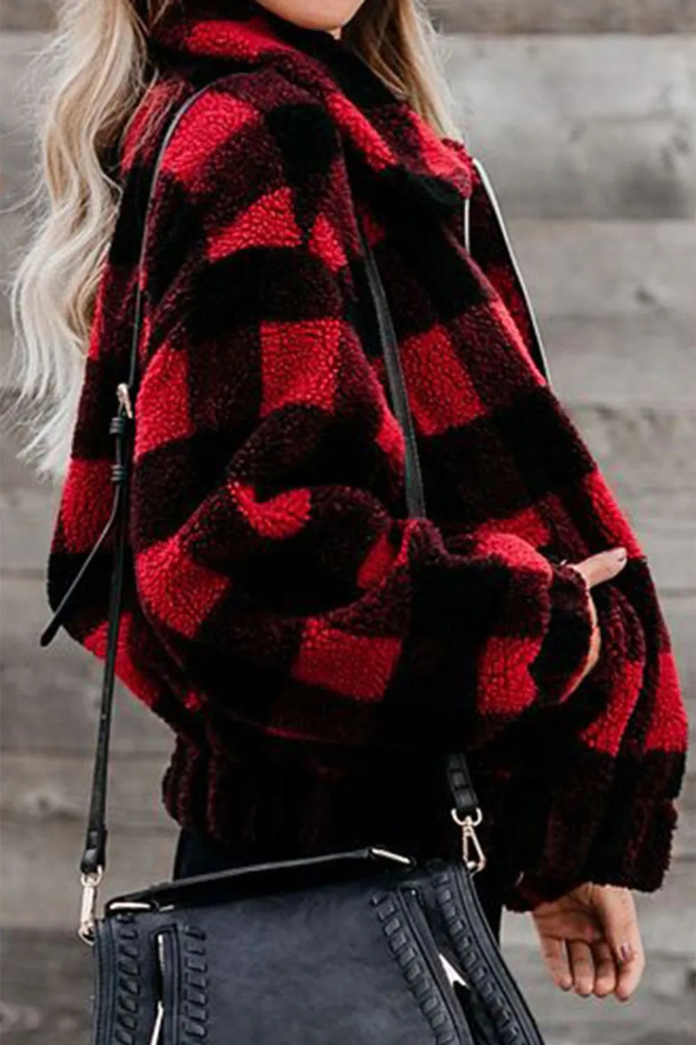 Zipped Pocket Lapel Plaid Plush Coat