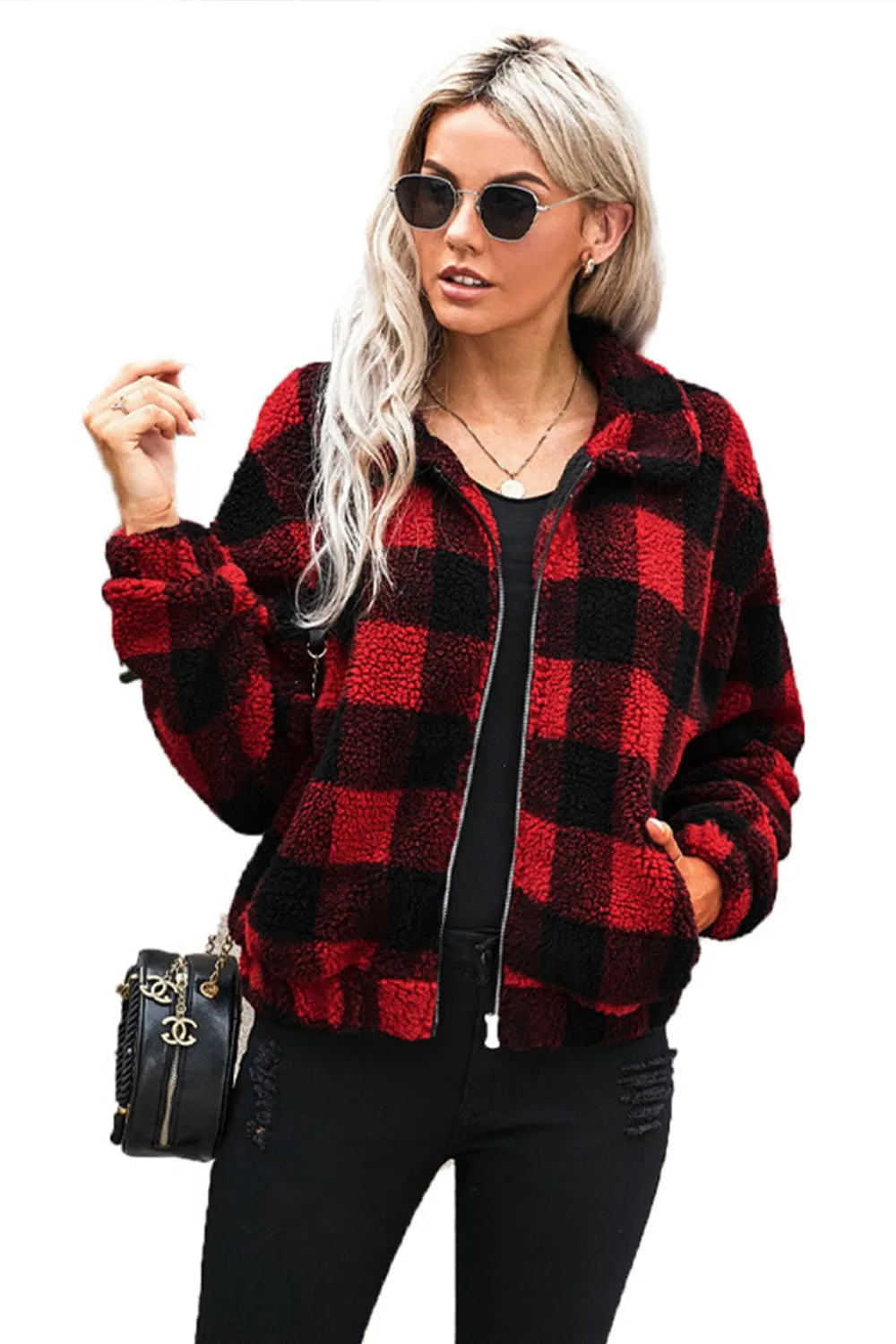 Zipped Pocket Lapel Plaid Plush Coat